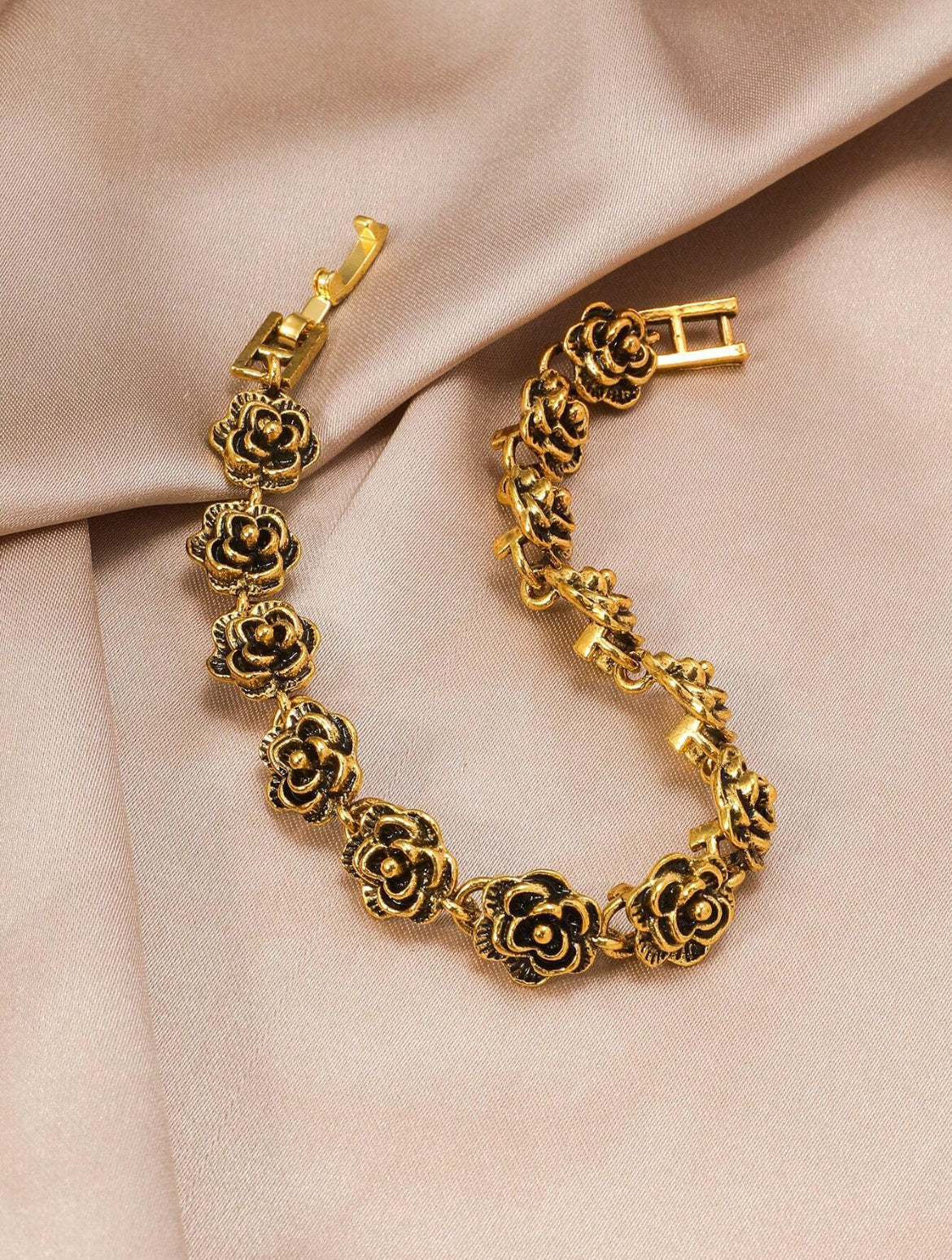 Vintage Gold Rose Link Bracelet – Premium Bronze, Tarnish-Resistant
