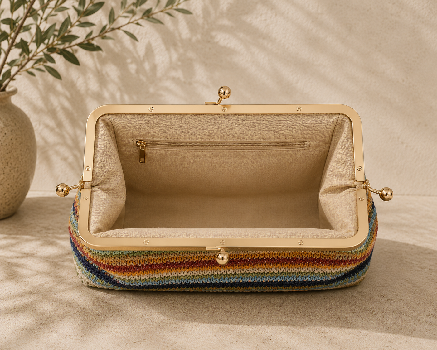 Woven Kiss Lock Oversized Hand Bag
