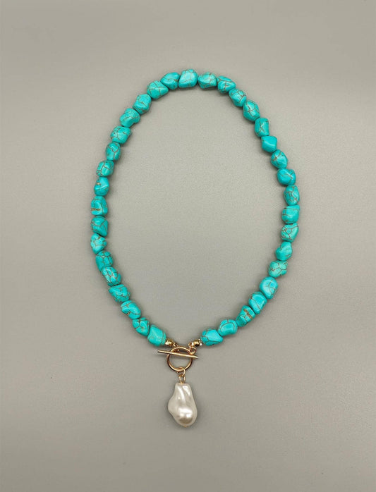Bohemian Turquoise Beaded Choker Necklace with Pearl Pendant – Vintage Style