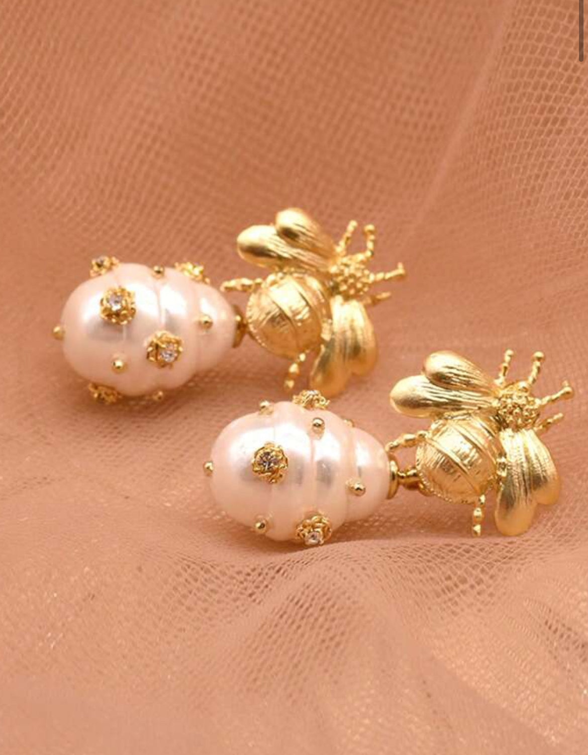 Honey Bee Earrings with Cultured Pearls and Rhinestone Embellishments