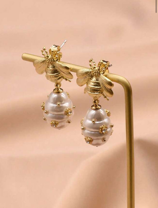 Honey Bee Earrings with Cultured Pearls and Rhinestone Embellishments