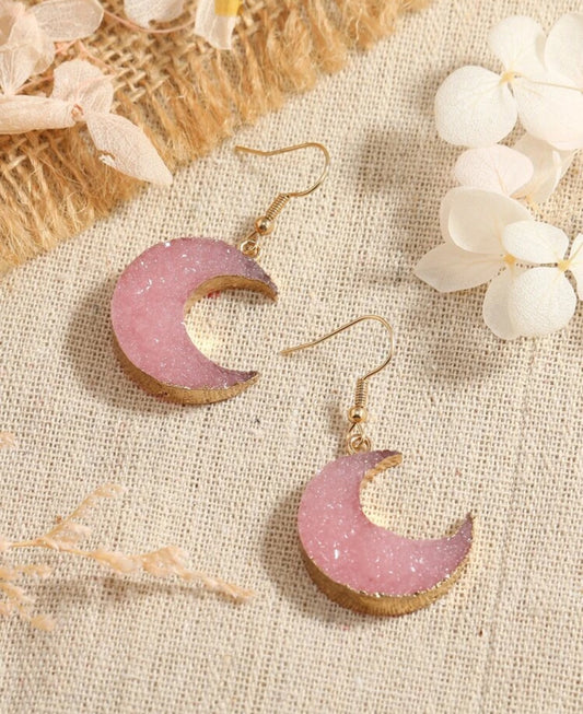 Textured Pink Crescent Moon Drop Earrings