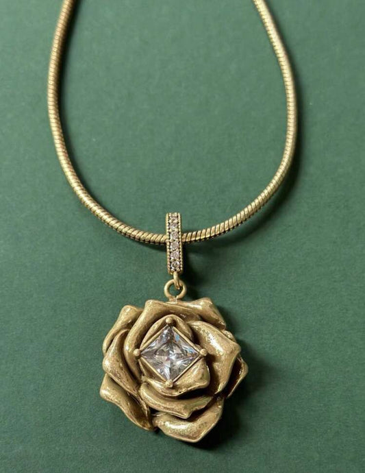 Blooming Rose Pendant – Luxury Antique Bronze with Vintage Accents