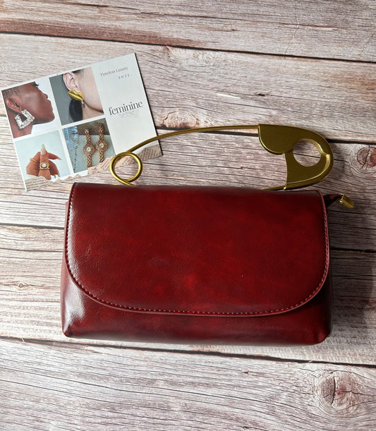Burgundy Handbag with Oversized Brooch Handle -Statement Piece of Elegance (Limited)
