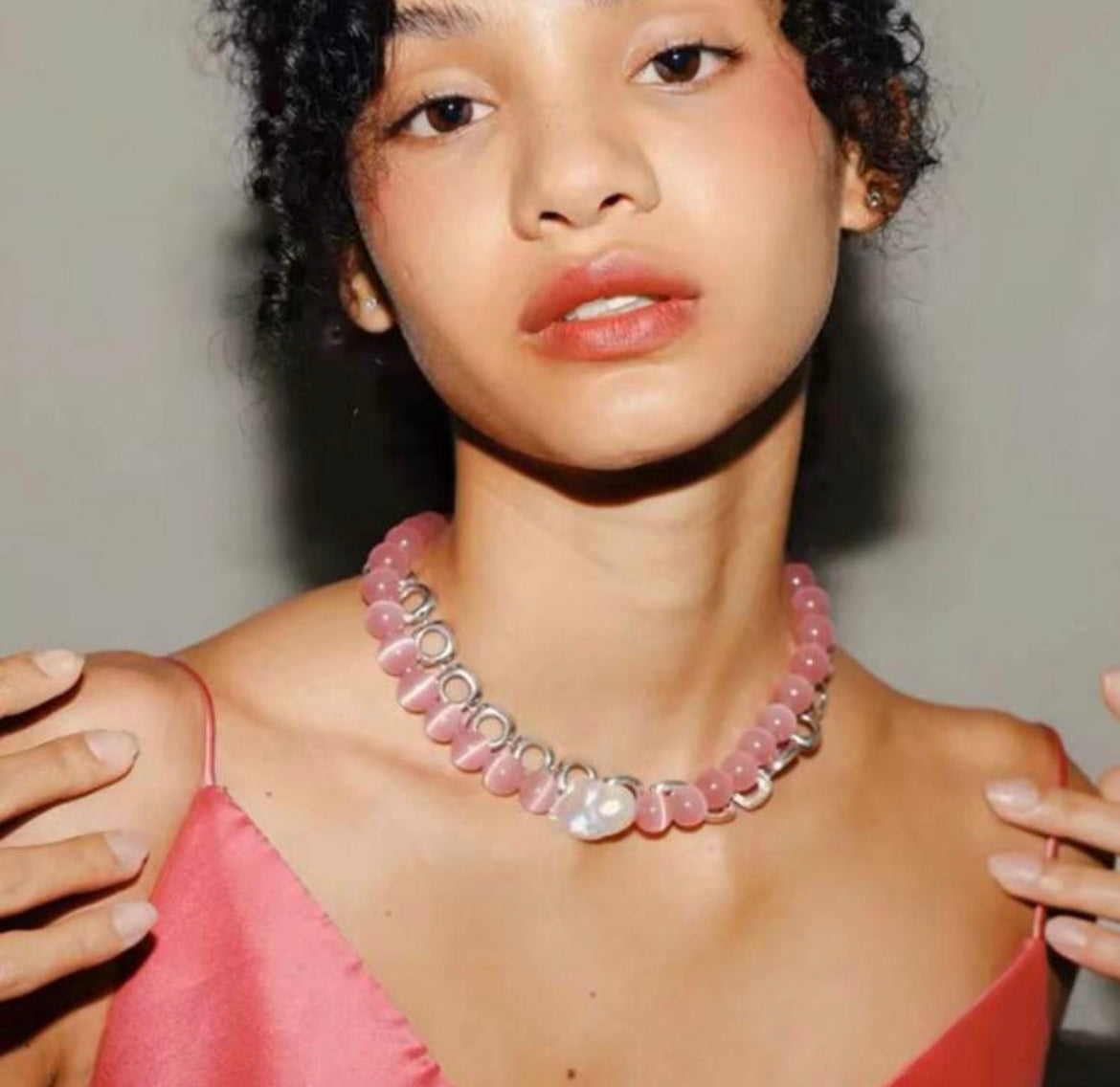 Natural Rose Quartz & Pink Cat Eye Beaded Choker
