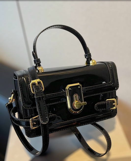 Luxury Patent Leather Chest Handbag with Gold Finish