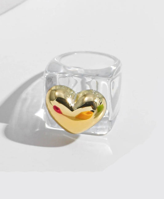 Chunky Clear Ring with Gold Heart Accent