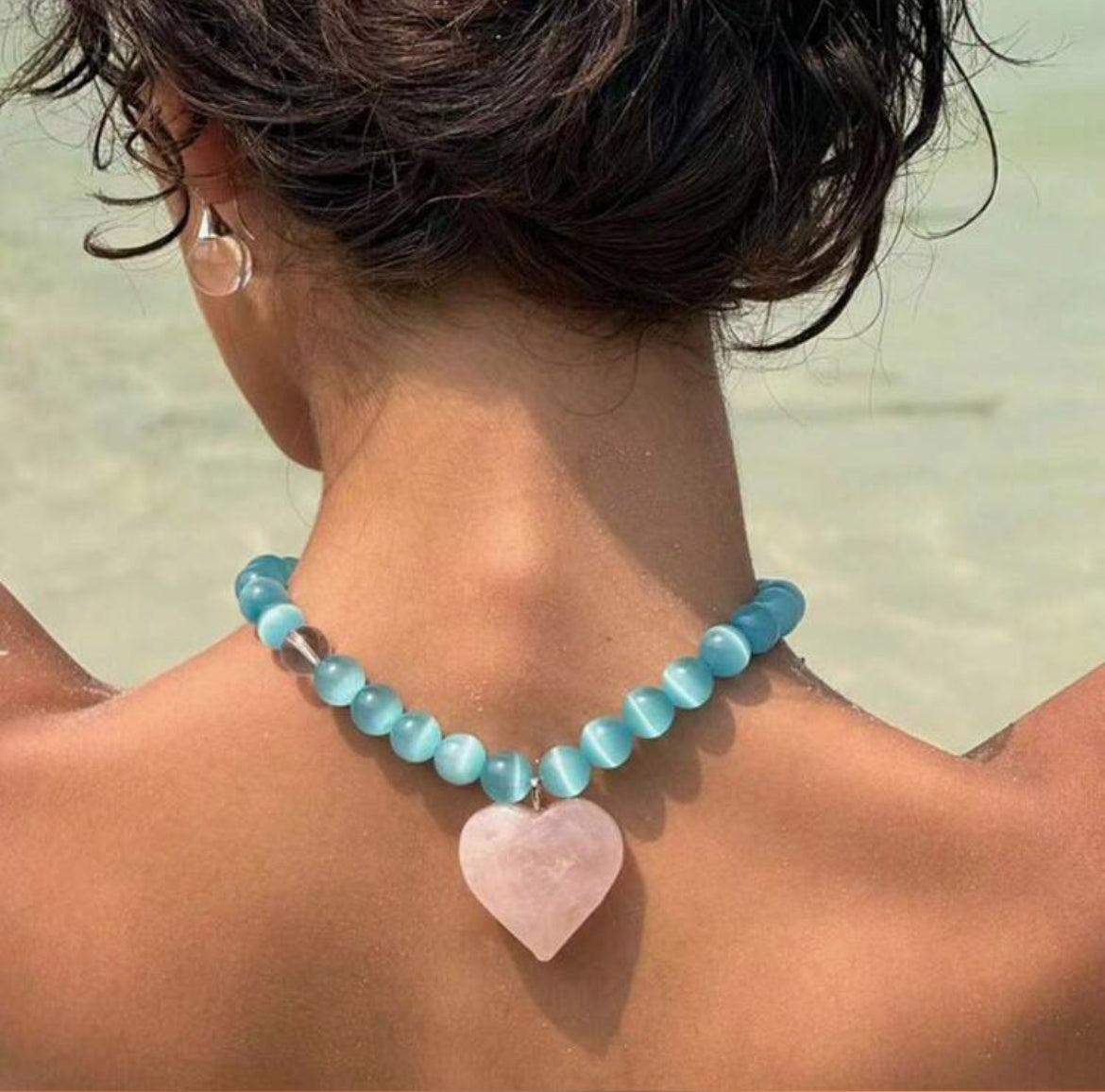 Heart-Shaped Rose Quartz Pendant with Blue Cat Eye Beaded Choker