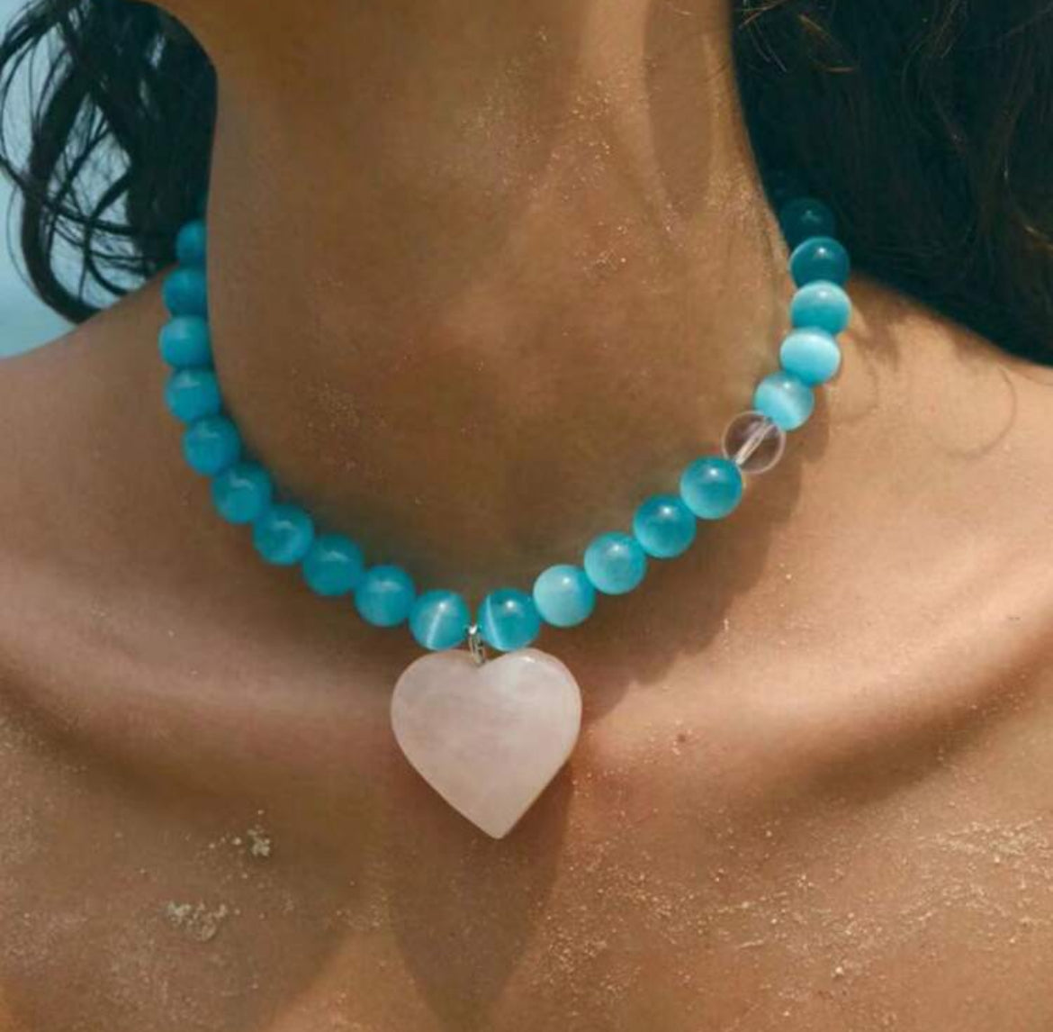 Heart-Shaped Rose Quartz Pendant with Blue Cat Eye Beaded Choker