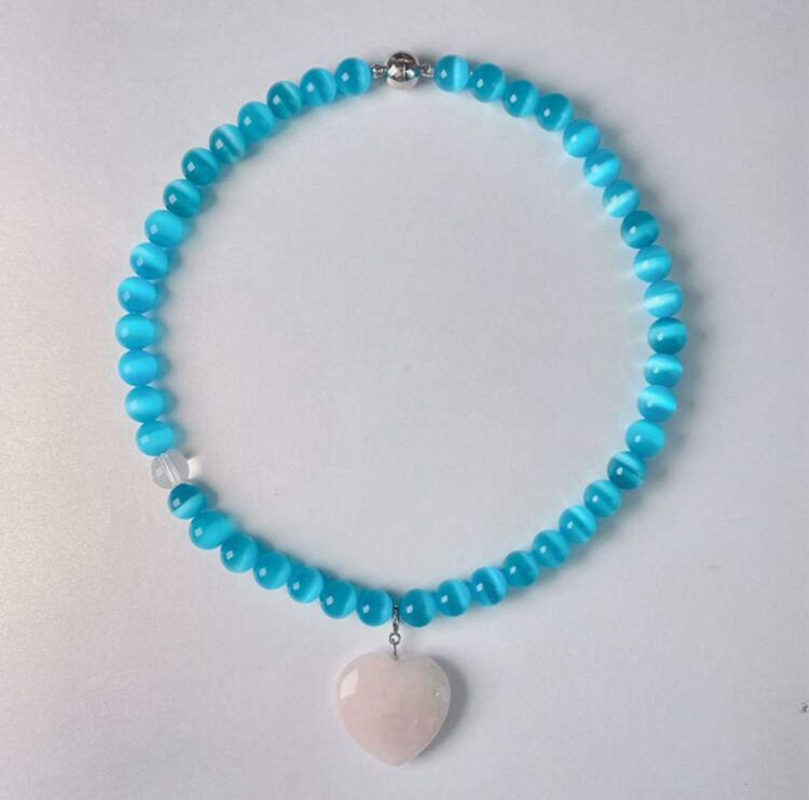 Heart-Shaped Rose Quartz Pendant with Blue Cat Eye Beaded Choker