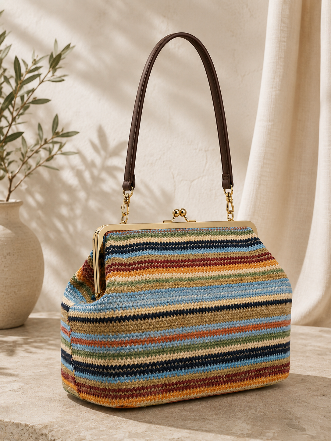Woven Kiss Lock Oversized Hand Bag