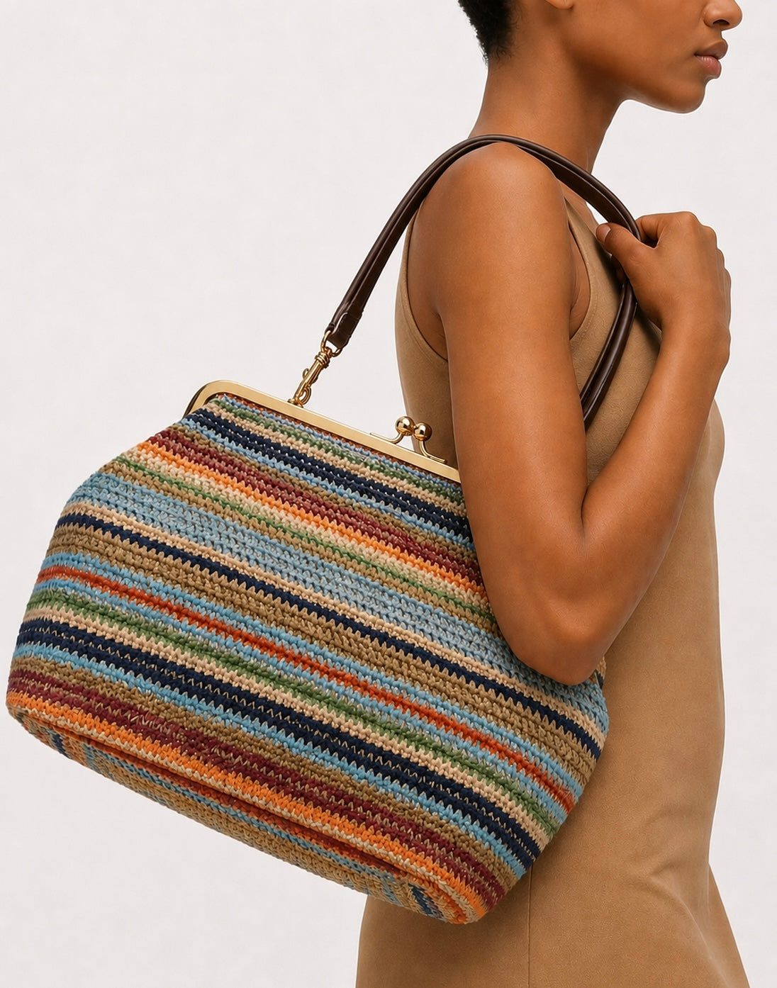 Woven Kiss Lock Oversized Hand Bag