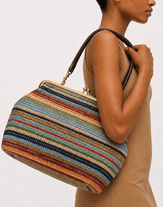 Woven Kiss Lock Oversized Hand Bag