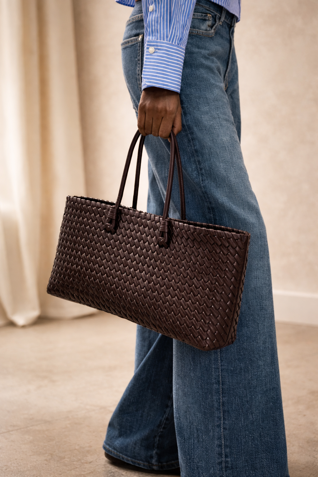 Espresso Woven Leather Tote Bag