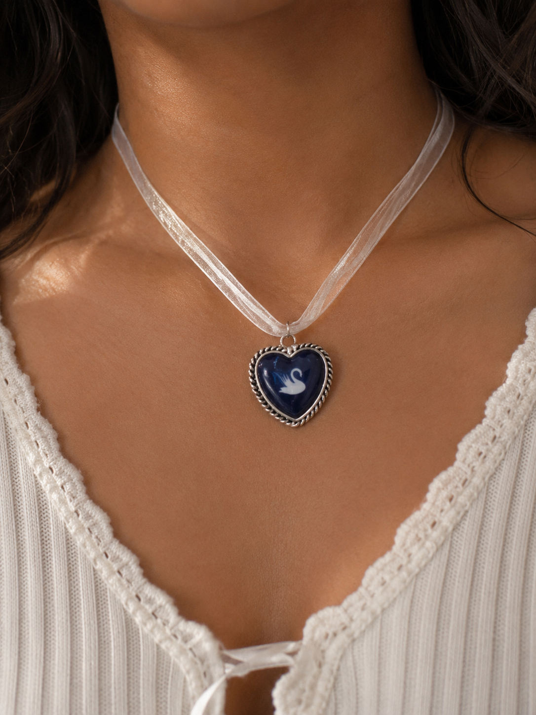 Midnight Swan Ribbon Necklace