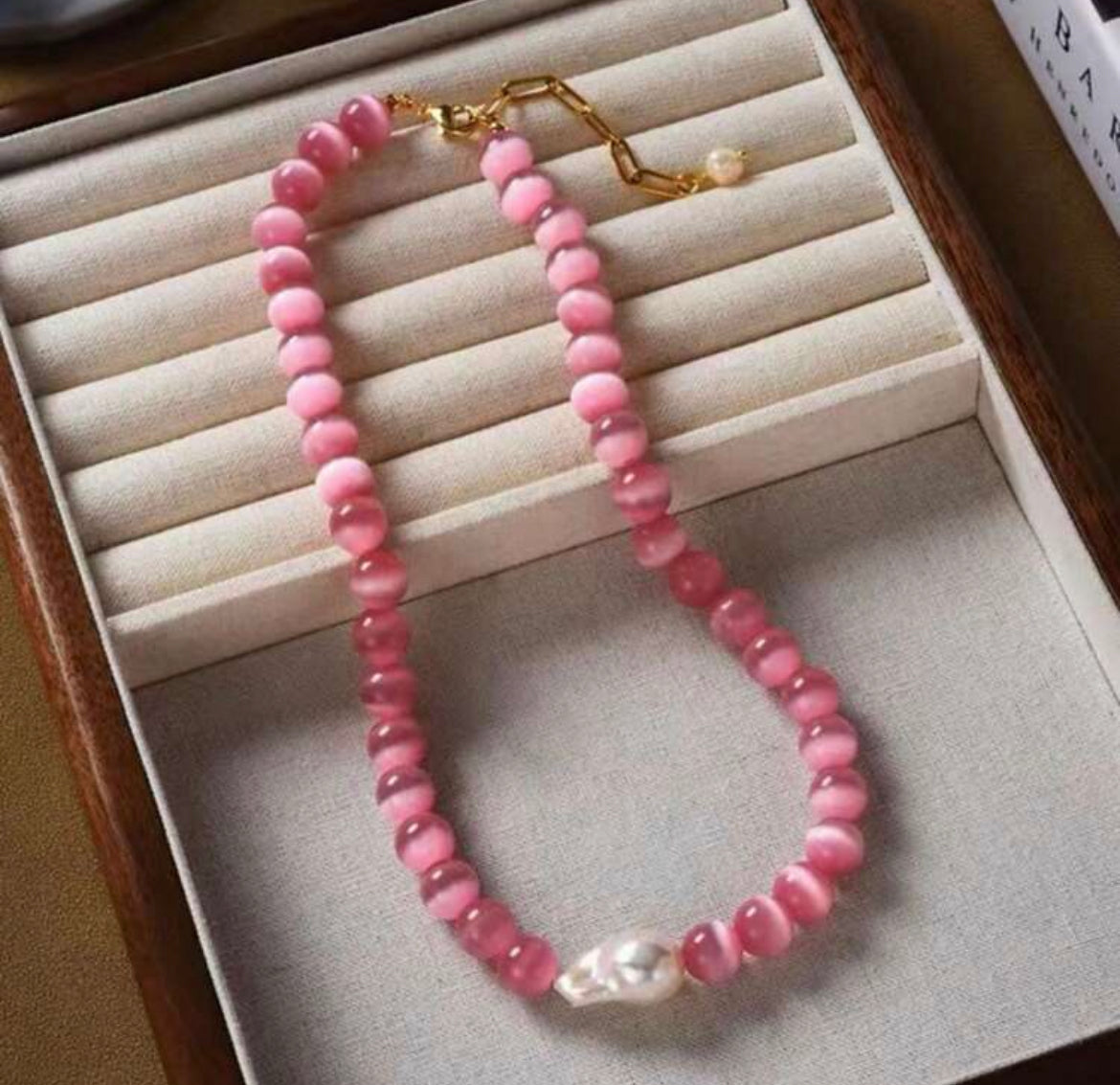 Natural Rose Quartz & Pink Cat Eye Beaded Choker